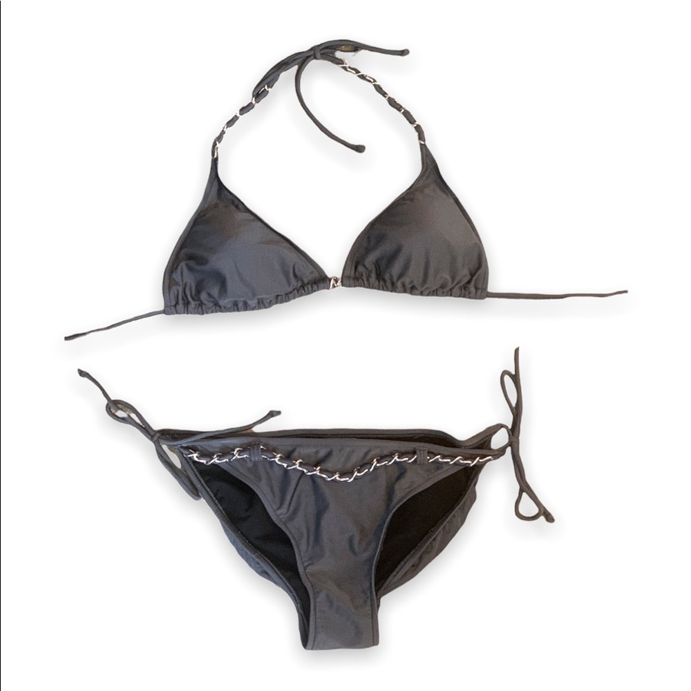 Dark grey 2-piece bikini (with silver chain decal across waist)